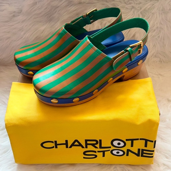 New CHARLOTTE STONE Jona Striped Studded Slingback Low Heel Clogs in Kite Stripe - Picture 7 of 16